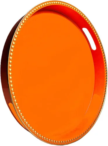 Vista 25 de Bandeja decorativa azul para mesa de café, bandeja de servir redonda de plástico con cuentas para encimera de cocina, otomana, sala de estar, (13")
