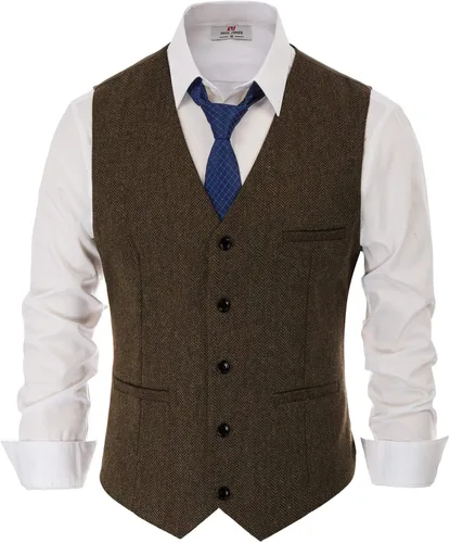 Vista 4 de Chaleco PAUL JONES para hombre, estilo inglés, de lana de espiguilla de primera calidad, L, Coffee