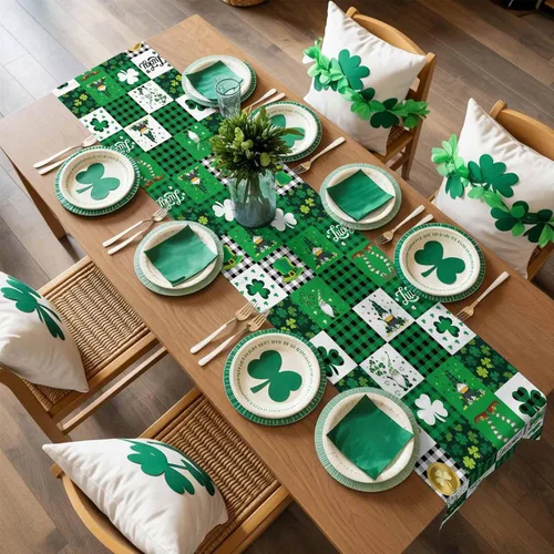 Vista 4 de Camino de mesa para el día de San Patricio, algodón y lino, trébol de la suerte, gnomos, antideslizante, decoración de festividades de primavera