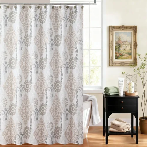Vista 9 de Cortina de ducha de tela negra y beige, cortina de ducha con estampado de medallón vintage, cortina de baño decorativa impermeable, 72 pulgadas