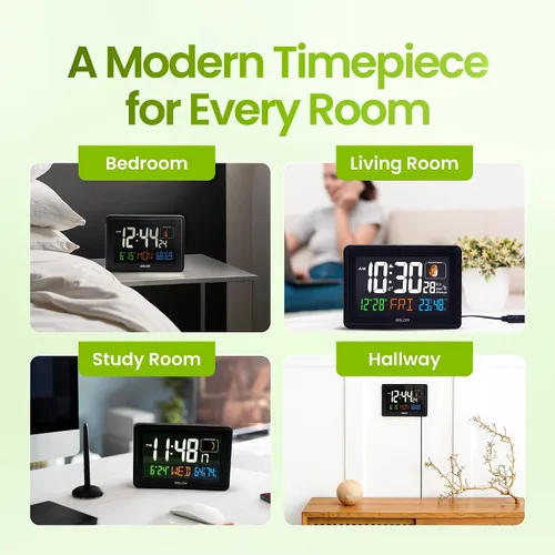 Vista 9 de BALDR Relojes Atómicos para Dormitorios Pantalla Digital Grande - Negro - Reloj de Escritorio con Temperatura Interior y Humedad, Reloj de Mesa
