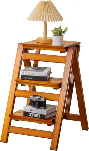 Vista 10 de Latifolia Escalera plegable de 3 escalones, taburete de bambú con protector de suelo, estante decorativo para sala de estar, cocina, jardín