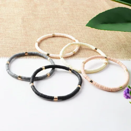 Vista 8 de Pulseras de cuentas de arcilla estilo heishi surfista para mujer, con discos de vinilo y dije de mal de ojo, apilables, pulseras elásticas