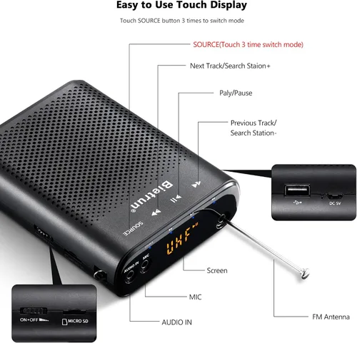 Vista 8 de Bietrun Amplificador de voz para profesores con Bluetooth, amplificador de voz inalámbrico recargable portátil con micrófono para auriculares