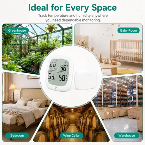 Vista 5 de RUIKORING Wireless Indoor Outdoor Thermometer Hygrometer, 330 ft Sensor High Accuracy Digital Temperature Humidity Monitor, Large Backlit Display