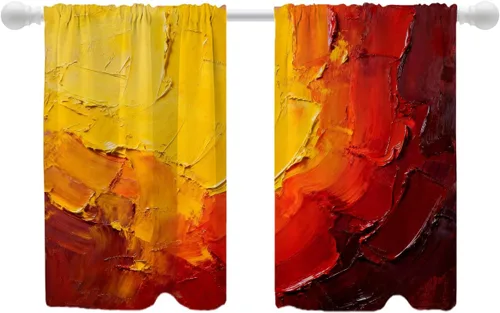 Vista 31 de Shrahala Beige and Orange Abstract Art Brushstrokes Blackout Curtain Tiers, Abstract Oil Paint Kitchen Valance Light Blocking Tier Drapes with Rod