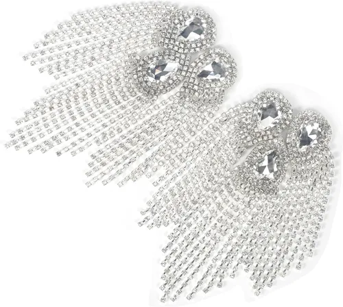 Vista 7 de 2 piezas de charreteras de hombro con flecos de cristal, diseño de gota de agua dorada, apliques de diamantes de imitación para ropa de mujer