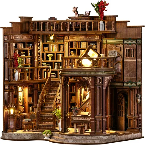 Vista 12 de Kit de rincón de libros de bricolaje, kit de casa de muñecas en miniatura con muebles y luz LED, rompecabezas 3D de madera para libros, kits