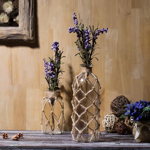 Vista 3 de MyGift Jarrones pequeños de cristal para flores, juego de 2 jarrones de flores costeros con envoltura de cuerda para mesas centros de mesa
