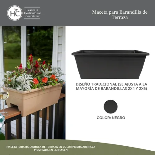 Vista 2 de The HC Companies Caja de Plantación para Barandilla de Cubierta con Tapones de Drenaje Removibles - Caja de Flores de Plástico Liviana y Resistente