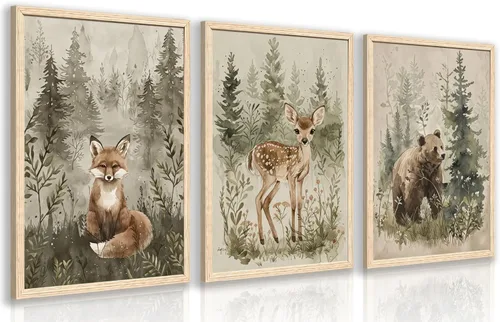 Vista 9 de kilamino Arte de pared de bosque neutral con animales salvajes, lindo póster de oso y zorro para guardería, impresiones de póster de aventura