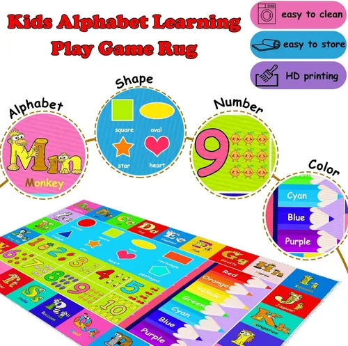 Vista 5 de Alfombra de juego del alfabeto para niños, 4 x 6 pies, con números ABC y formas, educativa, aprendizaje infantil, sala de juegos, aula, jardín