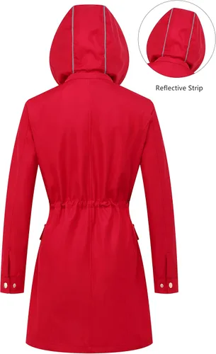 Vista 2 de CREATMO US Gabardina larga resistente al agua para mujer, chaqueta militar cortavientos con capucha reflectante extraíble