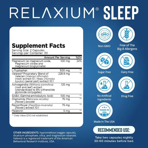Vista 2 de Ayuda para dormir Relaxium – Fórmula de fuerza profesional para adultos 5 mg de melatonina, glicinato de magnesio, valeriana y ashwagandha Ayuda