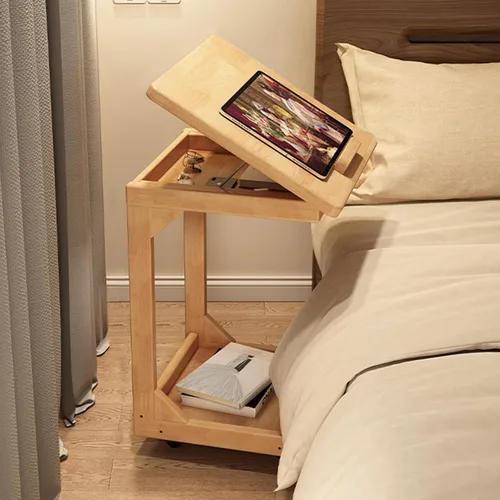 Vista 2 de Mesa de sofá en forma de C, mesa auxiliar con ruedas giratorias de 360°, escritorio inclinable ajustable de 40° para sofá, laptop, café, mesa C