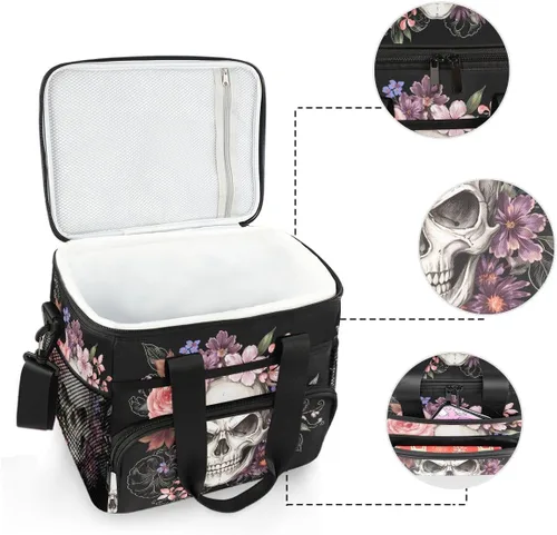 Vista 5 de ALAZA Sugar Skull Floral The Day of Dead - Bolsa de picnic aislada grande para adultos, hombres y mujeres