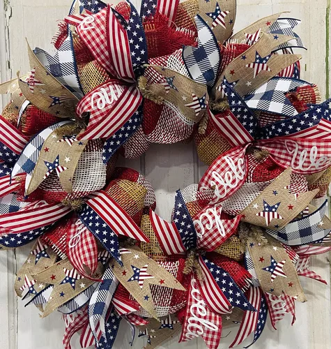 Vista 3 de 24" Round Patriotic Mesh Front Door Wreath with Welcome Sign Insert Option, Heavy Wire Base, Lots of Ribbon
