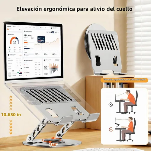 Vista 7 de Laptop Stand for Desk - All-Metal Ergonomic Computer Stand & Laptop Riser, 360° Rotatable & Adjustable & Foldable, Laptop Holder for MacBook Gris