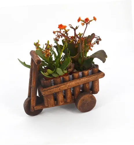 Vista 5 de GANAZONO Maceta de madera hecha a mano con diseño de carrito para el hogar y la oficina, contenedor multifuncional para plantas