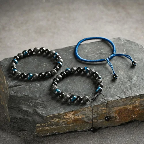 Vista 26 de SAMXY Triple Protection Bracelet, 8mm Healing Crystal Bead Bracelet, 3pcs Blue Red Tiger's Eye Obsidian Hematite Bracelet Women Men