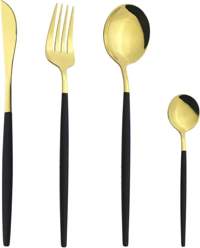 Vista 10 de Juego de cubiertos Cuchillo de cena Postre Tenedor Cuchara Juego de vajilla de acero inoxidable Vajilla de cocina 4 piezas Negro