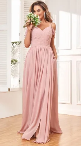 Vista 5 de BOLENSYE Vestidos de dama de honor con hombros descubiertos y bolsillos, vestido de noche formal con abertura larga de gasa fruncida