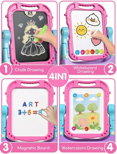 Vista 4 de Lehoo Castle Caballete para niños, caballete de arte para niños 4 en 1 de doble cara con pizarra blanca magnética y pizarra de tiza, caballete