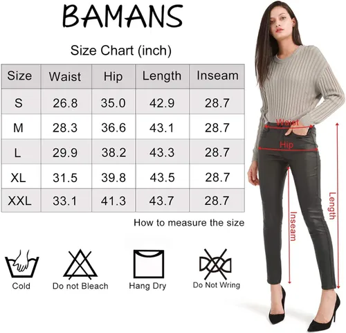 Vista 3 de Bamans Pantalones de piel sintética para mujer, pantalones elásticos ajustados con bolsillos, pantalones casuales de trabajo para mujer