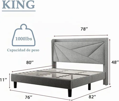 Vista 2 de Feonase Marco de cama King, marco de cama tapizado con puertos tipo C y USB, estante con respaldo de alas, soporte de listones de madera maciza,