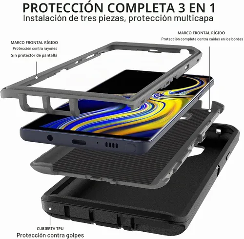 Vista 3 de Funda para Galaxy Note 9 con protector de pantalla de TPU [2 unidades], 3 en 1, protección resistente a los golpes, color negro y gris