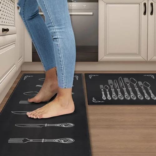 Vista 7 de Alfombras y tapetes negros de cocina antideslizantes, lavables, absorbentes, de microfibra, para piso, juego de 2 tapetes de cocina negros