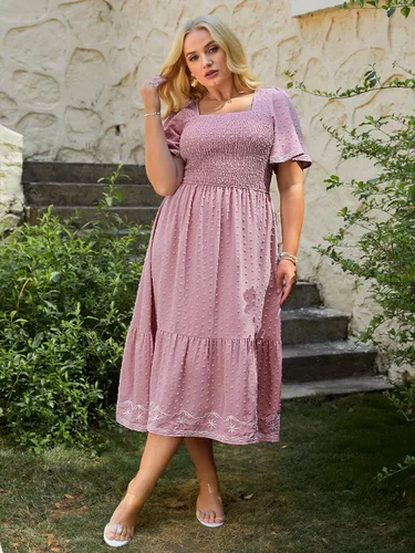 Vista 2 de Glamaker Vestido de Verano Casual de Manga Corta con Cuello Cuadrado Fruncido Talla Grande para Mujer Vestido Midi Suelto Línea A Vestido Largo
