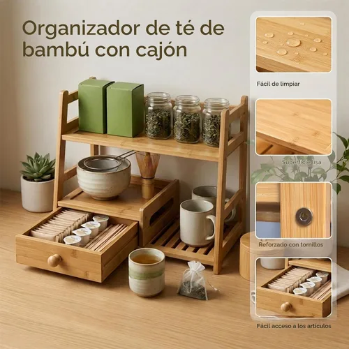 Vista 5 de Matcha Coffee Tea Station con cajón y soporte para bolsitas de té Madera