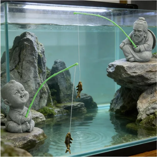 Vista 8 de Mini estatua de pescador para acuario, pequeñas figuras de pesca japonesas para jardín de hadas, acuario, estanque, bonsái, pecera, accesorios
