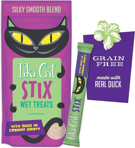 Vista 6 de Tiki Cat Stix - Golosinas húmedas sin granos, mezcla suave y sedosa en salsa cremosa, pollo, salmón y pato con toallitas para mascotas de 10