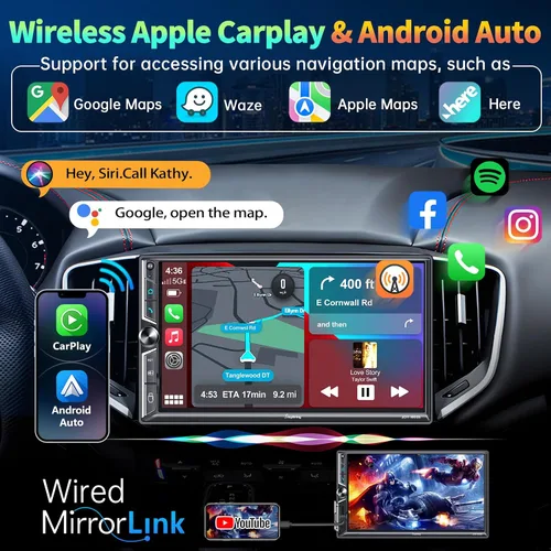 Vista 3 de Estéreo de auto de doble DIN de 7 pulgadas compatible con Apple CarPlay inalámbrico y Android Auto, puertos de subwoofer dual de 240 W y 4.2