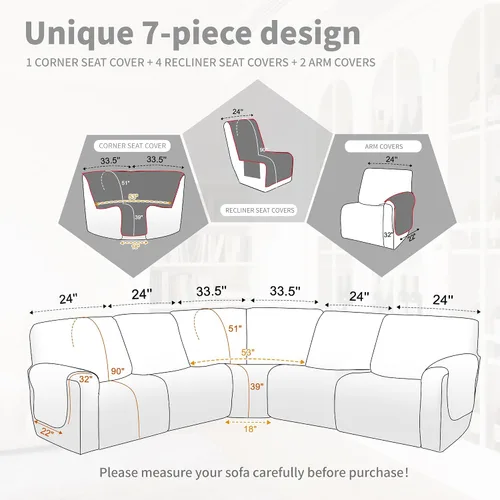 Vista 3 de Fundas impermeables para sofá seccional reclinable en forma de L, cubierta para sofá seccional reclinable, 7 piezas, antideslizantes, lavables