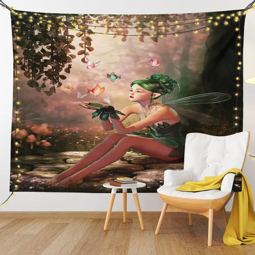 Vista 6 de Ambesonne Tapiz bohemio, diseño floral de bruja, luna y mariposa con adornos de mandala, decoración de tela para colgar en la pared para dormitorio