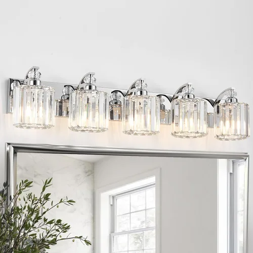 Vista 32 de Accesorio de Iluminación de Baño Moderno de 3 Luces Cromado Luces de Tocador de Baño Sobre Espejo Aplique de Pared con Pantallas de Cristal K9 Base