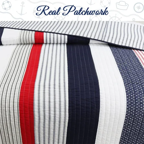 Vista 4 de Cozy Line Home Fashions Juego de ropa de cama acolchado reversible de 100% algodón con rayas azul marino y rojas, estrella patriótica para niño