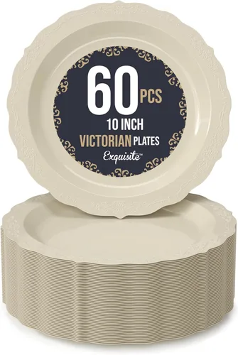 Vista 8 de SIZENAME - Platos de plástico desechables, diseño victoriano de calidad premium, color crema, para fiestas y bodas, 60
