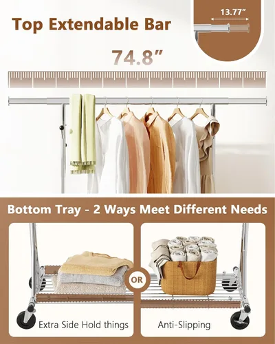 Vista 7 de Hoctieon Perchero de montaje de 1 minuto, 480 libras, percheros de ropa rodantes resistentes con ruedas, perchero plegable para ropa, barra Plata