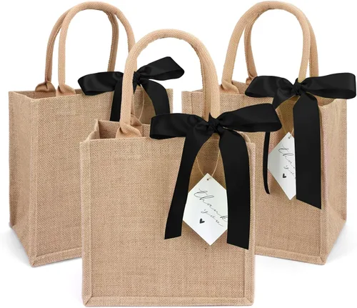 Vista 9 de Paquete de 6 bolsas de arpillera con asas reutilizables, mini bolsas de regalo de yute con cintas de seda azules, forro impermeable para bodas