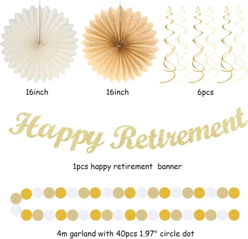 Vista 2 de Beige-Gold Happy Retirement Party Decorations Banner Women Men Huglony 21pcs Retiree Farewell Banner,Streamers,Paper Lanterns,Pom Poms Fans,Work