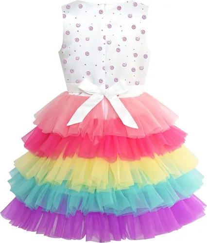 Vista 2 de Sunny Fashion Vestido de princesa con volados para niñas, con estampado de torta de cumpleaños