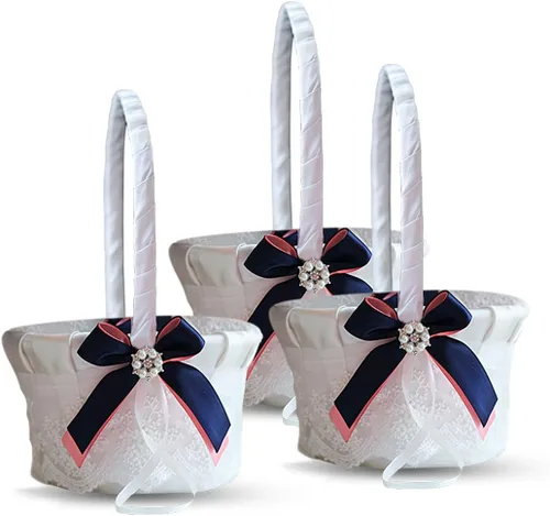 Vista 6 de Juego de almohada y cesta de anillo de marfil Colección de encaje niña de flores y cesta de bienvenida para invitados, cestas de boda hechas a