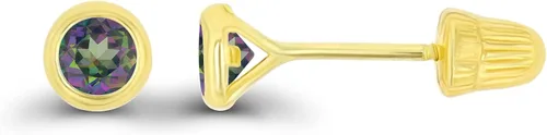 Vista 35 de Aretes de oro macizo hipoalergénico de 14 quilates, 3 mm, redondos, solitarios, con piedra natal genuina, bisel con tuerca de tornillo Amatista