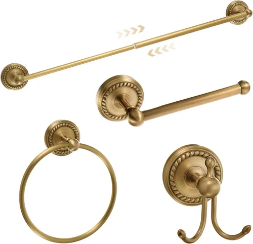 Vista 13 de Juego de 4 Piezas de Accesorios de Baño de Latón Antiguo Dorado Montados en la Pared Toallero y Anillo para Toallas y Portapapel Higiénico y Gancho