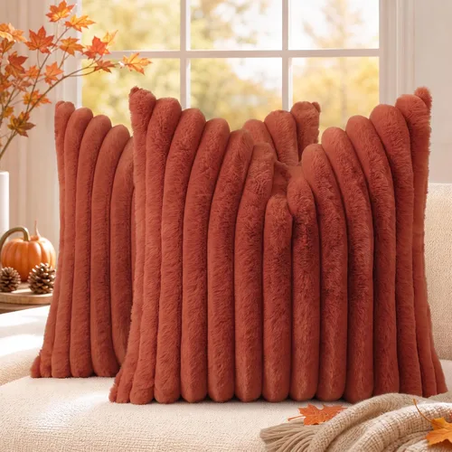 Vista 30 de decorUhome Fundas de almohada de piel sintética, juego de 2, decorativas, afelpadas, suaves, afelpadas, a rayas, parte posterior de terciopelo