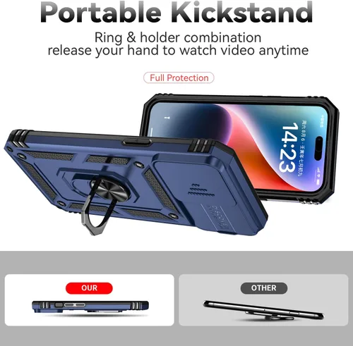 Vista 9 de Funda para iPhone 15 Pro, iPhone 15 Pro con funda para cámara y soporte, grado militar, a prueba de golpes, resistente, con soporte magnético